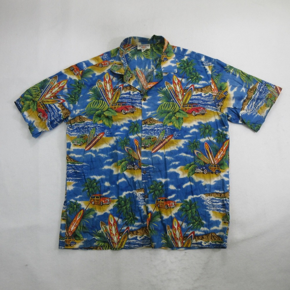 Pacific Legend Apparel Shirt 2XL Hawaiian Surfboard Woody Wagon Beach Blue S/S